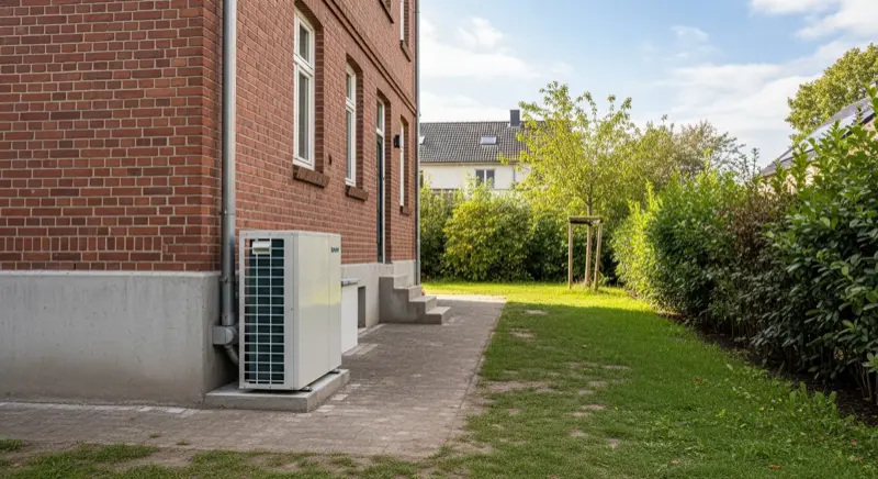 Wärmepumpe Außengerät vor einem sanierten Altbau mit Backsteinfassade