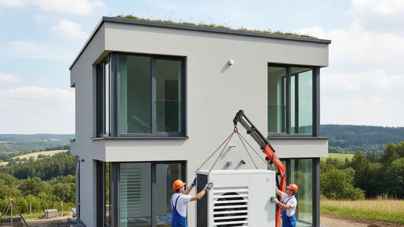 Wärmepumpe Außengerät wird von Fachbetrieb installiert