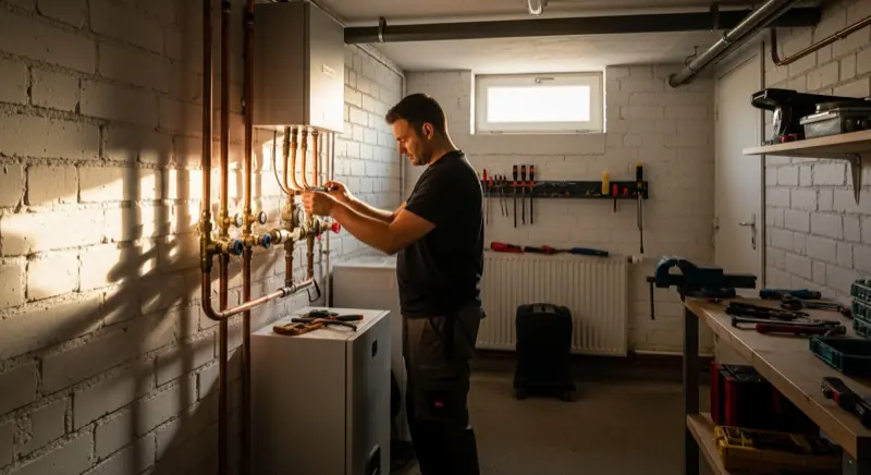 Fachhandwerker bei der hydraulischen Installation einer Wärmepumpe im Heizungskeller
