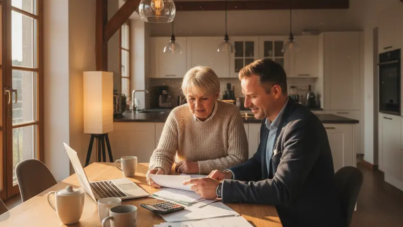 Hauseigentümer besprechen Förderanträge mit einem Energieberater