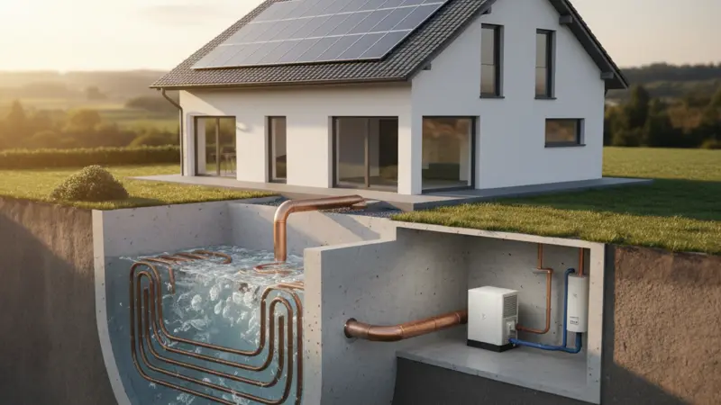 Schnittdarstellung eines Eisspeicher-Systems mit unterirdischem Tank und Wärmepumpe im Haus