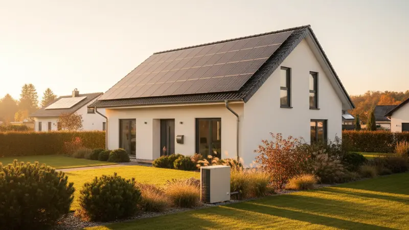 Modernes deutsches Einfamilienhaus mit Photovoltaik und Wärmepumpe im Garten