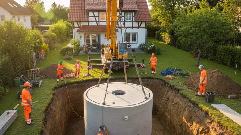 Eisspeicher-Tank wird in eine Baugrube im Garten eingesetzt