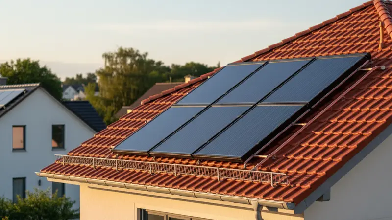 Solarthermie-Kollektoren auf einem Ziegeldach eines deutschen Einfamilienhauses