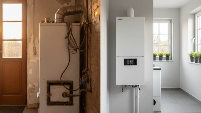 Vergleich alter Gasheizung und moderner Wärmepumpe in einem Heizungskeller