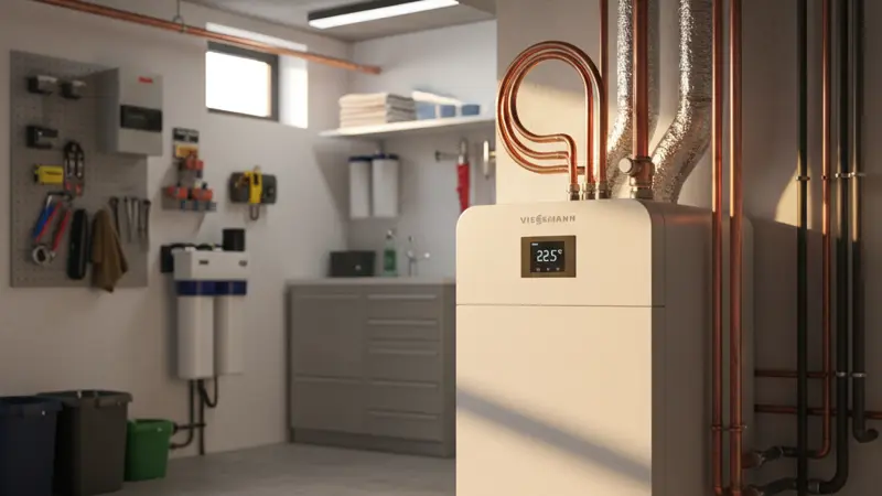 Wärmepumpe im Keller eines deutschen Einfamilienhauses installiert