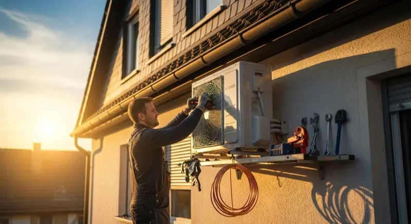 Facharbeiter installiert eine moderne Luft-Wasser-Wärmepumpe am Einfamilienhaus