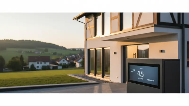 Energieeffizienz-Display einer Wärmepumpe mit COP-Wert 4,5 auf einem Smart-Home-Dashboard