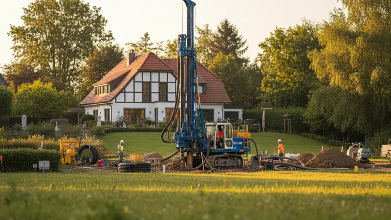 Bohrgerät für Erdwärmesonden auf einem Wohngrundstück in Deutschland