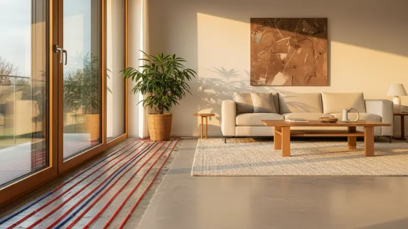 Fußbodenheizung in einem modernen Wohnzimmer als ideale Kombination für eine Wärmepumpe