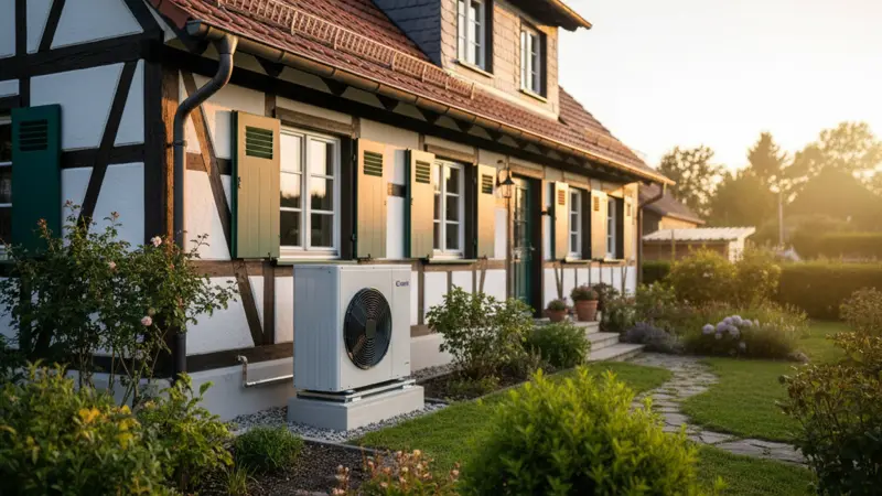Moderne Luft-Wasser-Wärmepumpe neben einem Einfamilienhaus in Deutschland