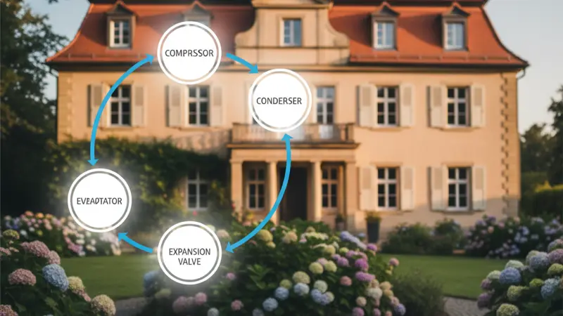 Schematische Darstellung des Kältemittelkreislaufs einer Wärmepumpe mit Verdampfer, Kompressor, Kondensator und Expansionsventil