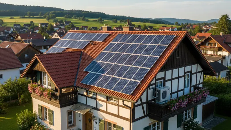Einfamilienhaus mit Solaranlage auf dem Dach und Luft-Wasser-Wärmepumpe im Garten