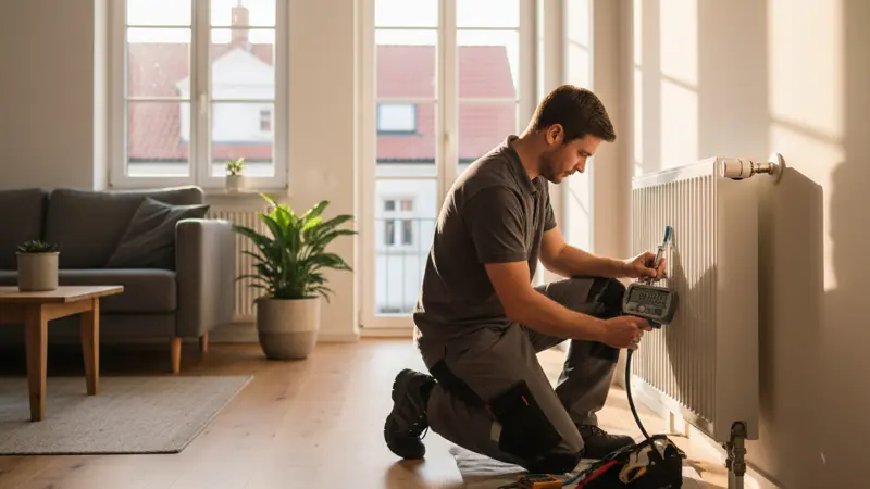 Heizungstechniker führt hydraulischen Abgleich an Thermostatventilen eines Heizkörpers durch