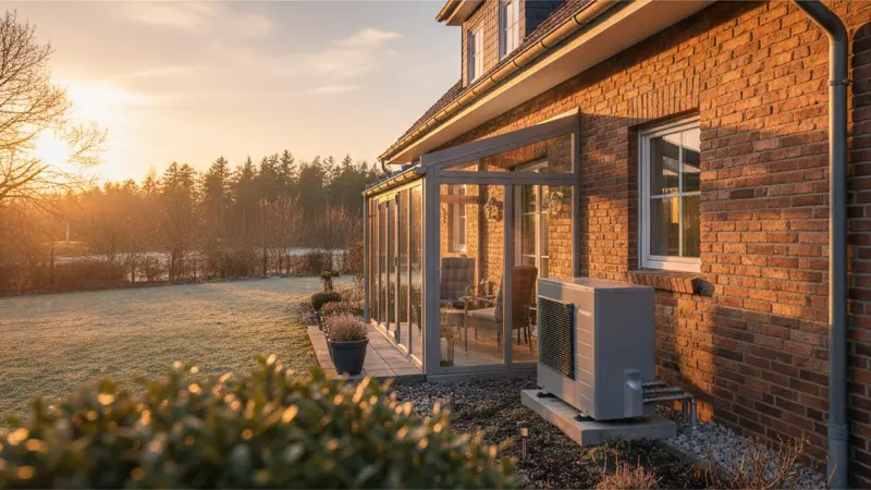 Wärmepumpen Außengerät neben einem deutschen Einfamilienhaus mit Garten