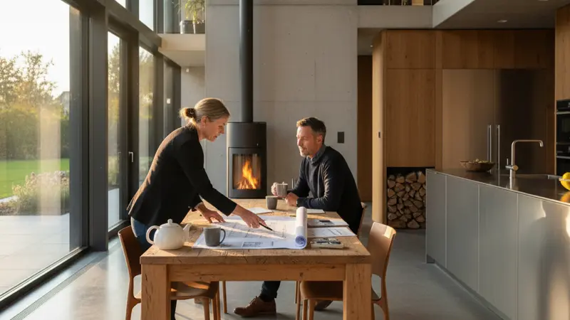 Energieberater bespricht Wärmepumpen Planung mit Hauseigentümer am Küchentisch