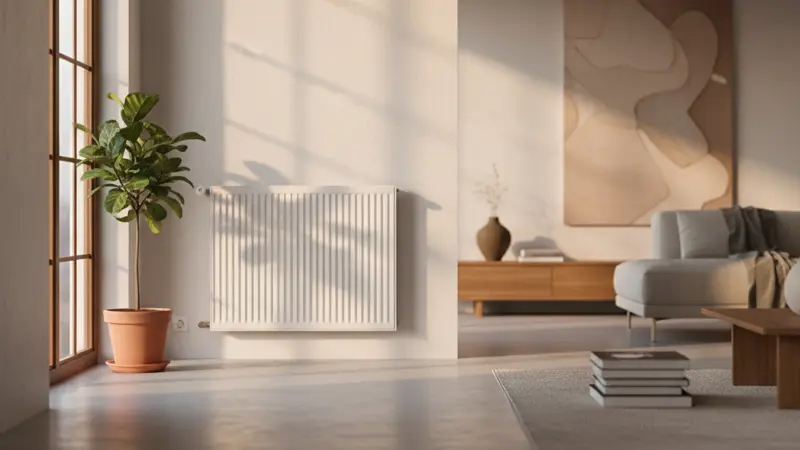 Moderner weißer Flachheizkörper Typ 22 an einer hellen Wand in renovierter Wohnung