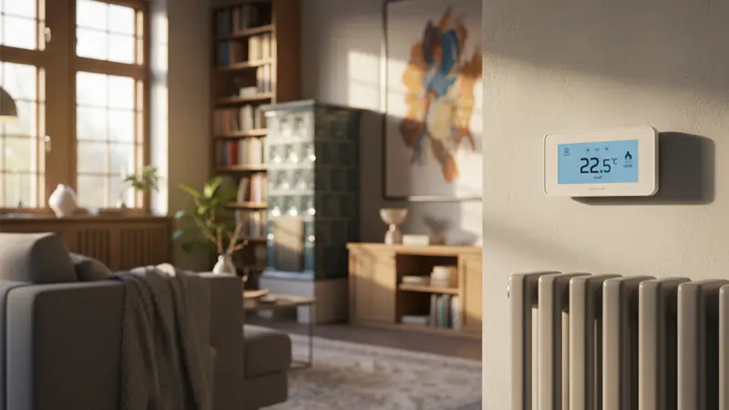 Smart Home Thermostat Display an der Wand neben einem modernen Heizkörper
