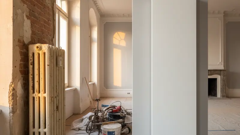 Vergleich eines alten Grauguss Heizkörpers neben einem modernen Flachheizkörper in einer renovierten Wohnung