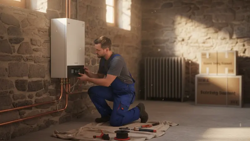 Fachbetrieb installiert Wärmepumpe an einem Einfamilienhaus