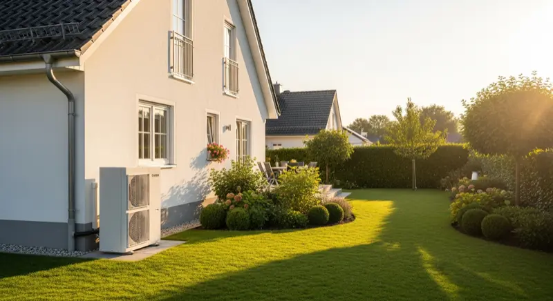 Moderne Luft-Wasser-Wärmepumpe Außeneinheit vor einem Einfamilienhaus