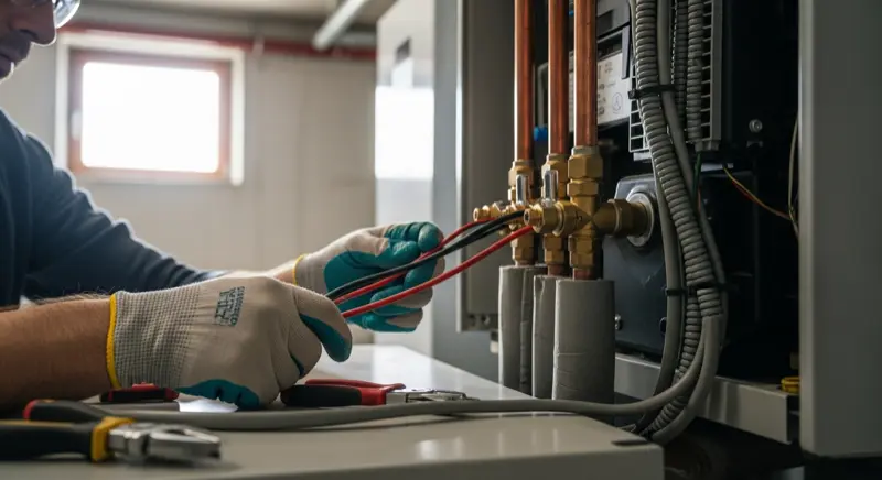 Fachbetrieb bei der Installation einer Wärmepumpe im Heizungskeller