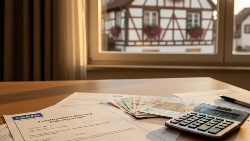 BAFA-Förderung für Wärmepumpen mit Dokumenten und Taschenrechner