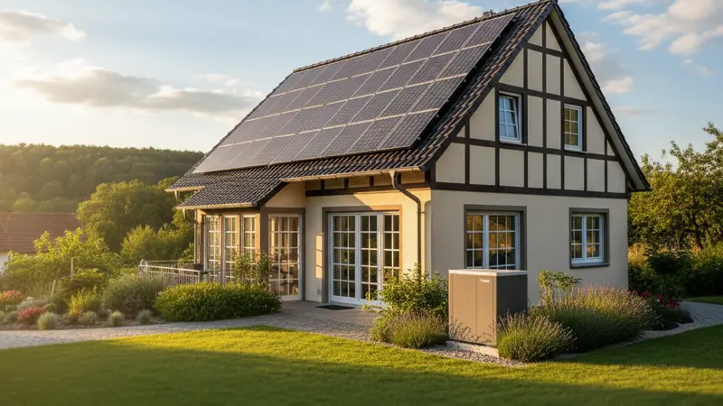 Einfamilienhaus mit Solaranlage auf dem Dach und Wärmepumpe im Garten