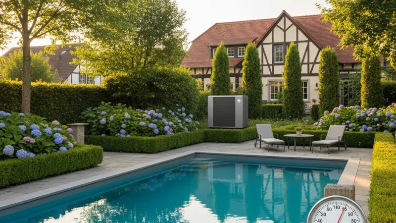 Großer Gartenpool mit Wärmepumpe im Hintergrund