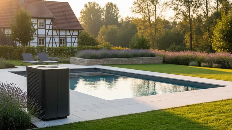 Pool-Wärmepumpe neben einem Gartenpool im Sommer