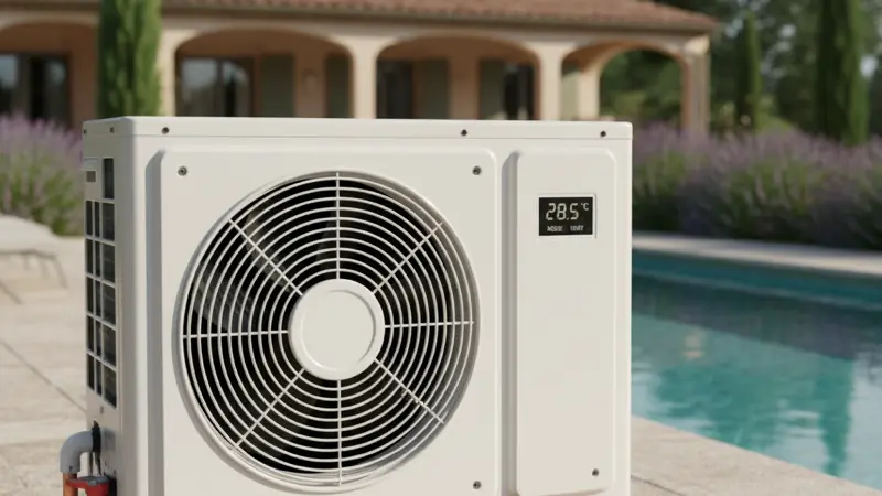 Pool-Wärmepumpe mit Ventilator und digitalem Display in Nahaufnahme