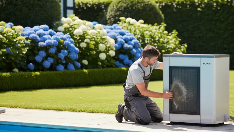 Wartung einer Pool-Wärmepumpe im Garten