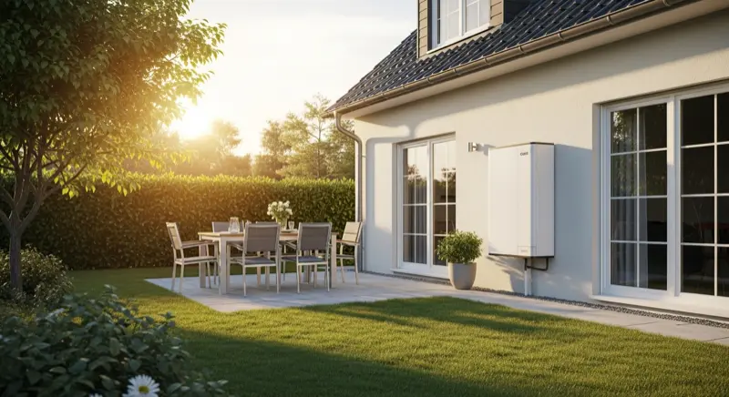 Moderne Luft-Wasser-Wärmepumpe vor einem deutschen Einfamilienhaus installiert