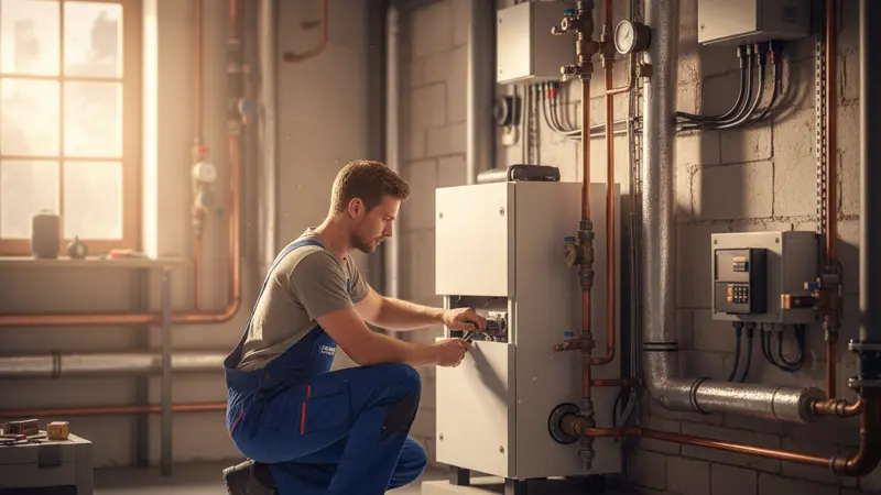 Fachbetrieb bei der Installation einer Wärmepumpe im Technikraum