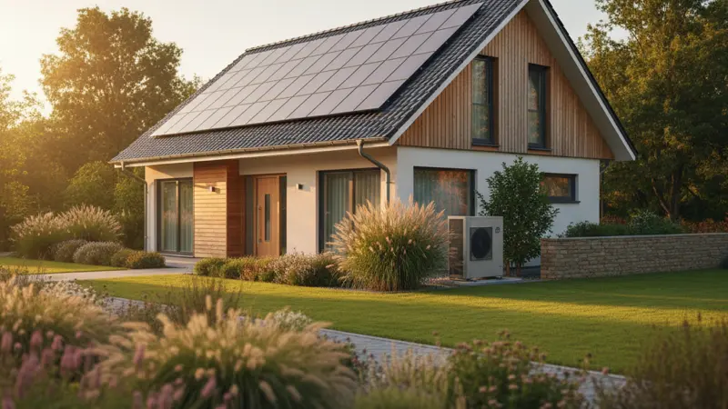 Einfamilienhaus mit Wärmepumpe und Solaranlage auf dem Dach