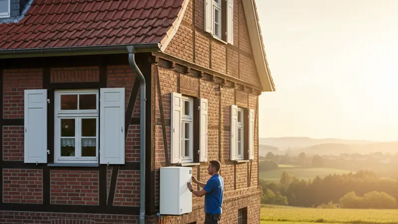 Fachbetrieb installiert Wärmepumpe Außeneinheit an einem Einfamilienhaus