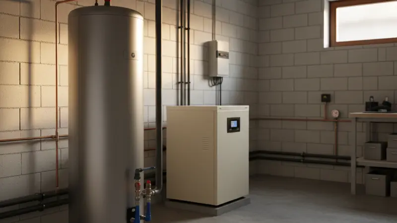 Pufferspeicher und Wärmepumpen-Inneneinheit im Technikraum