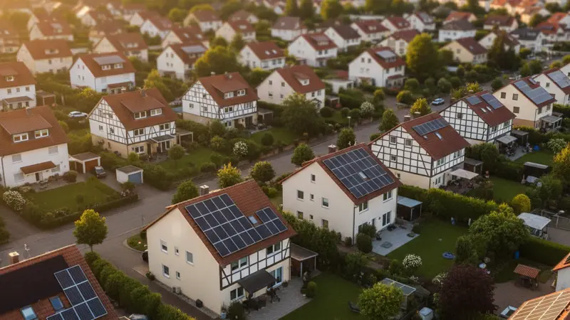 Luftbild einer deutschen Wohnsiedlung mit zahlreichen Solaranlagen auf den Dächern