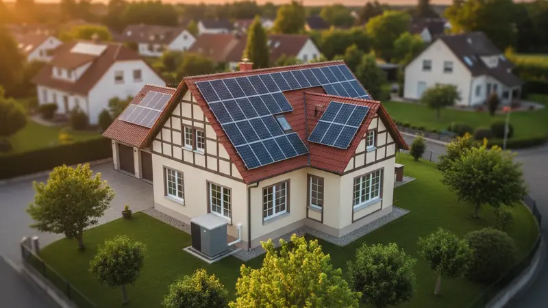 Solaranlage auf dem Dach mit Wärmepumpe im Garten