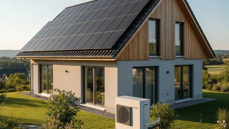 Moderne Luft-Wasser-Wärmepumpe an einem gut gedämmten Einfamilienhaus mit Solaranlage auf dem Dach