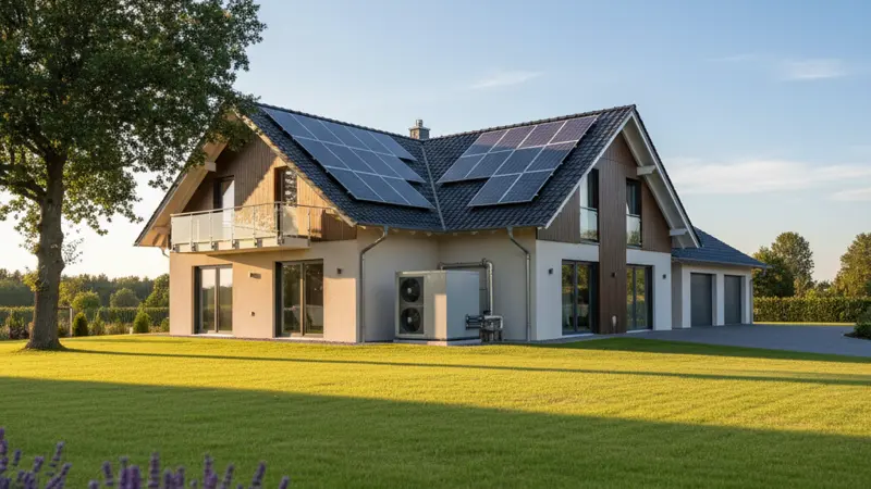 Einfamilienhaus mit Photovoltaikanlage auf dem Dach und Luft-Wasser-Wärmepumpe neben dem Haus