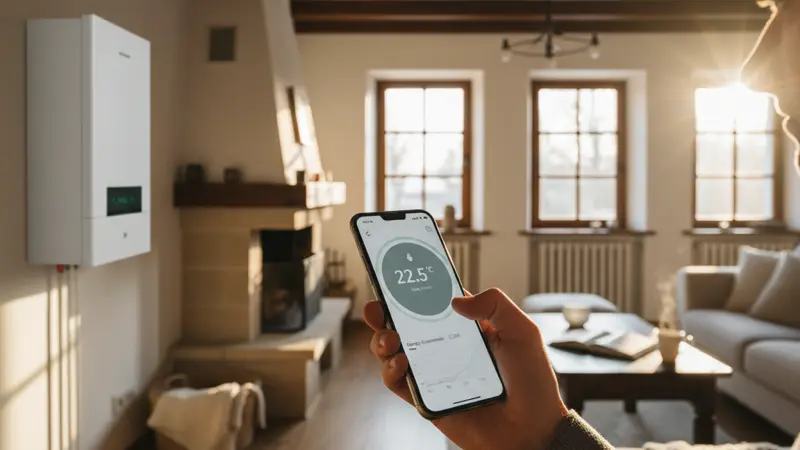 Person steuert eine Wärmepumpe über eine Smartphone-App im smarten Zuhause