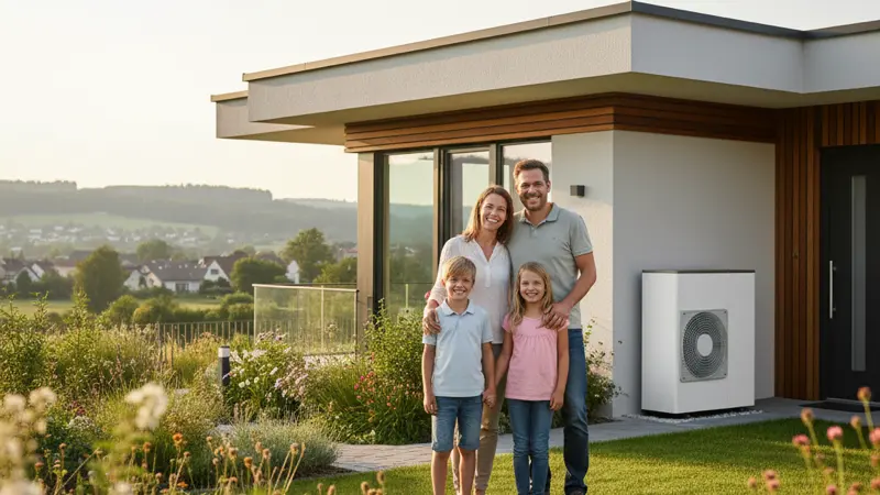 Zufriedene Familie vor Einfamilienhaus mit Wärmepumpe