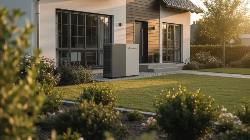 Vaillant Wärmepumpe Außeneinheit vor einem modernen Einfamilienhaus