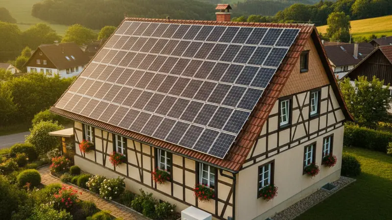 Solaranlage auf deutschem Hausdach kombiniert mit Wärmepumpe im Garten