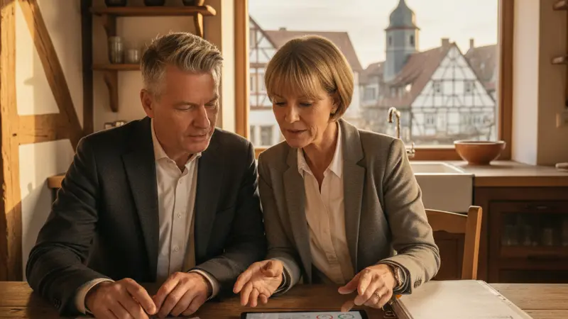 Ehepaar prüft Wärmepumpen Angebote und Energieunterlagen am Küchentisch