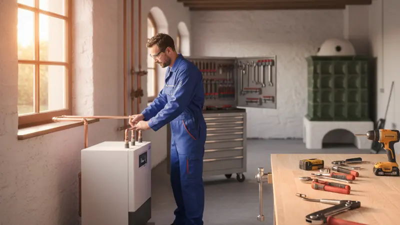 Heizungsbauer installiert Wärmepumpe im Heizungsraum eines deutschen Einfamilienhauses