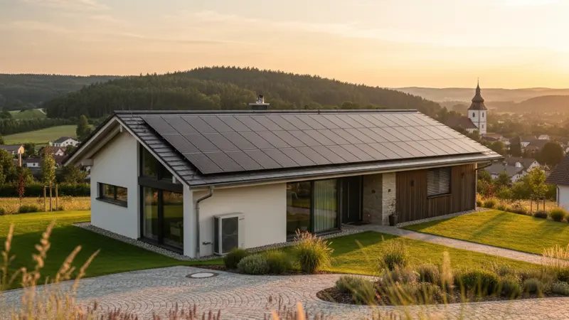 Solaranlage und Wärmepumpe als Kombination auf einem deutschen Einfamilienhaus