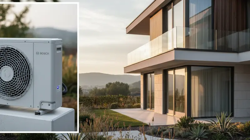 Techniker prüft die Leistungswerte einer modernen Wärmepumpe mit Messgerät