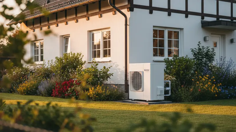 Moderne Vaillant Wärmepumpe Außeneinheit an einem deutschen Wohnhaus installiert